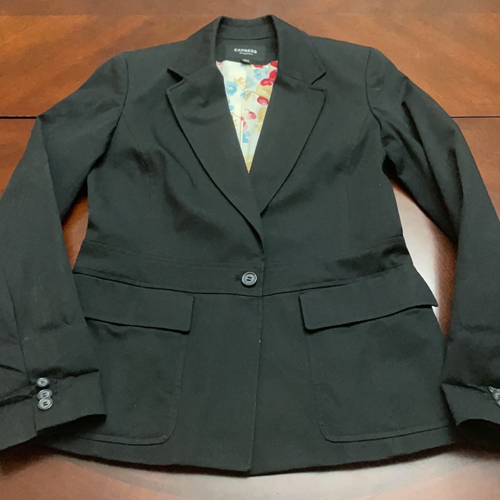 Express Stretch SZ 3/4 Women’s Lined Black One Button  Two Pocket Blazer - Picture 12 of 14